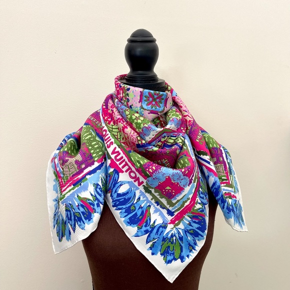 New Louis Vuitton Scarf Monogram Paradise Barbie Blue Green Pink Silk Sc… - Picture 14 of 16